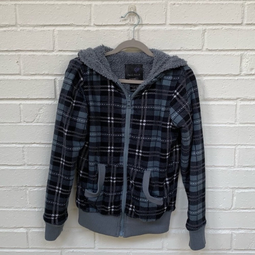Full Tilt Kids Plaid Sherpa Zip-up Hoodie Jacket Pockets